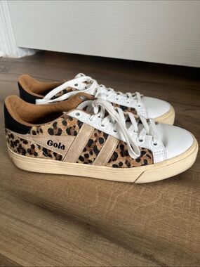 Gola Leopard-Print Low-Top Sneakers in White, Tan, gold & Black calf hair luxury